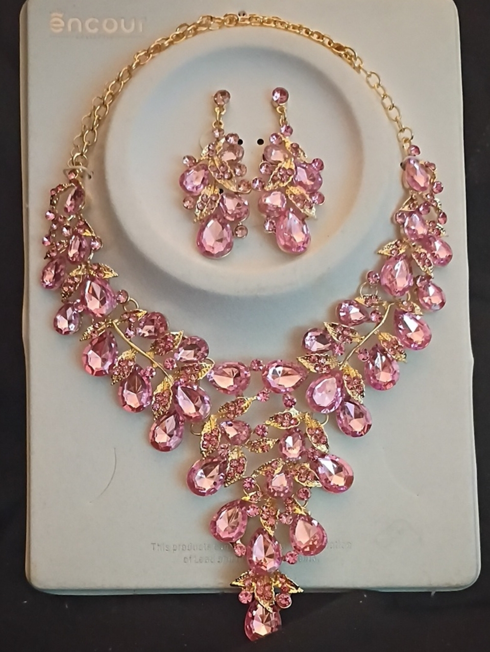 Gold-Tone Pink Crystal Teardrop Statement Necklace & Earring Set